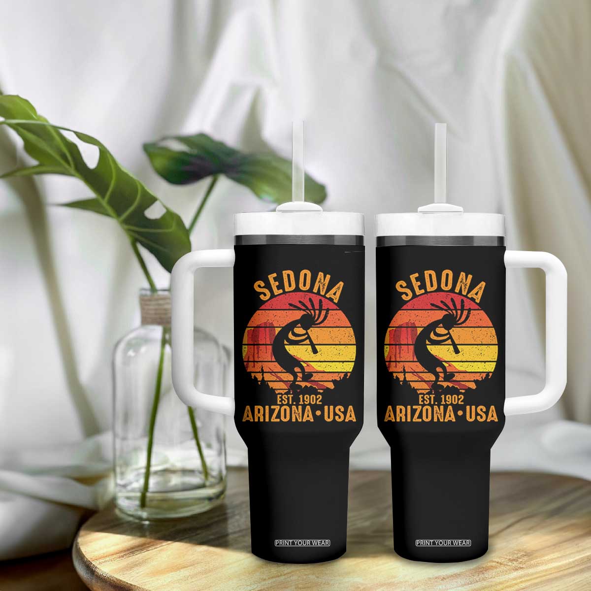 Retro Sedona Arizona Dancing Kokopelli Tumbler With Handle Southwest Native Symbol Desert Heritage Established 1902