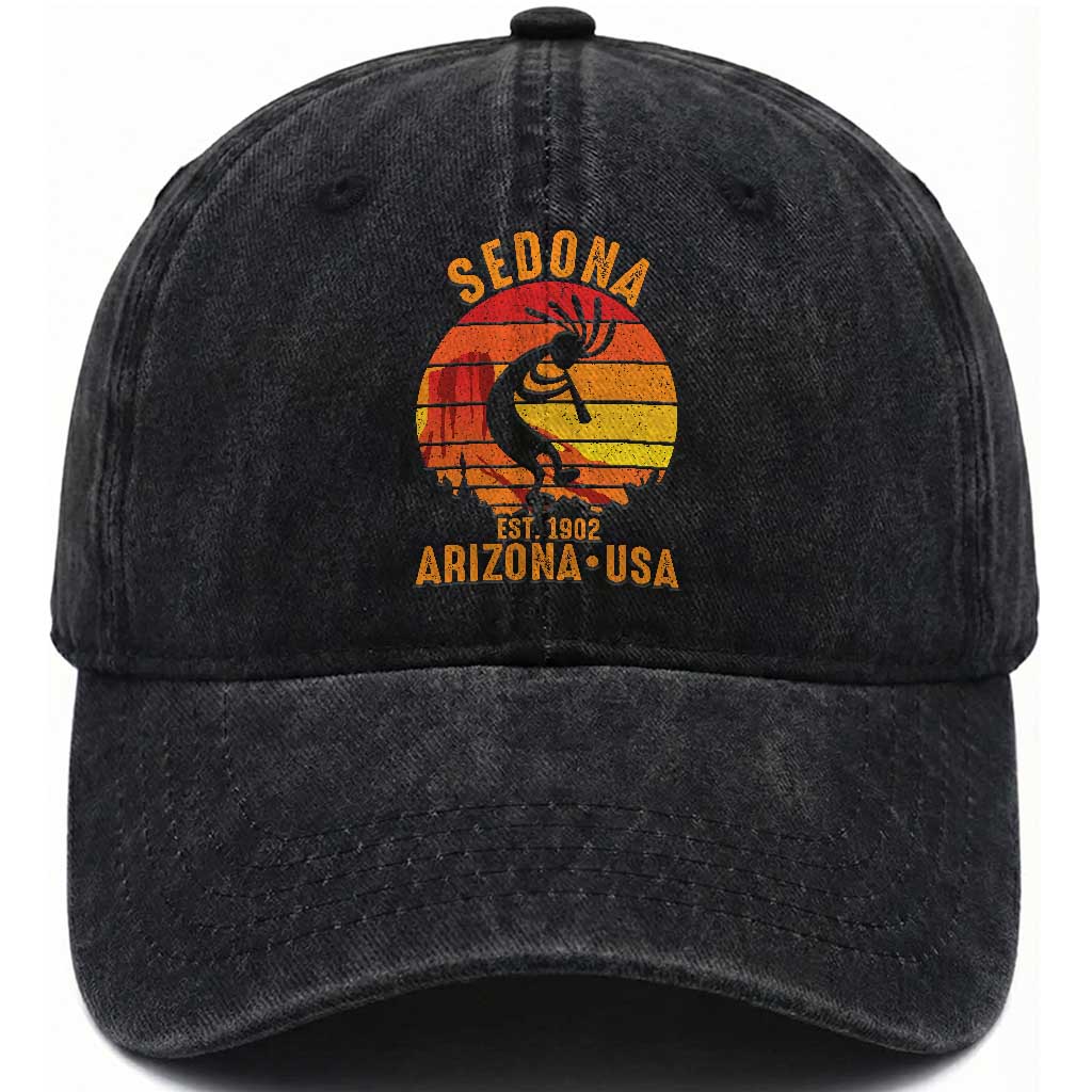 Retro Sedona Arizona Dancing Kokopelli Washed Cotton Baseball Cap Southwest Native Symbol Desert Heritage Established 1902 TS14 Print Your Wear