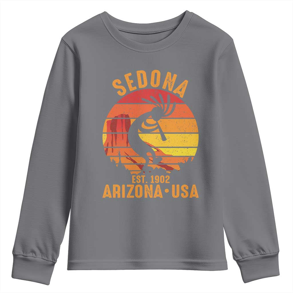 Retro Sedona Arizona Dancing Kokopelli Youth Sweatshirt Southwest Native Symbol Desert Heritage Established 1902