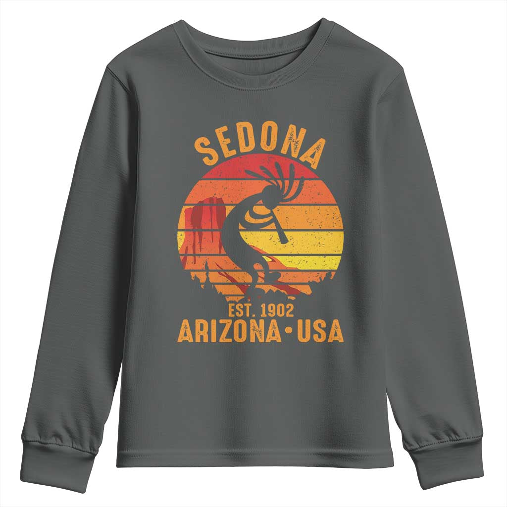 Retro Sedona Arizona Dancing Kokopelli Youth Sweatshirt Southwest Native Symbol Desert Heritage Established 1902