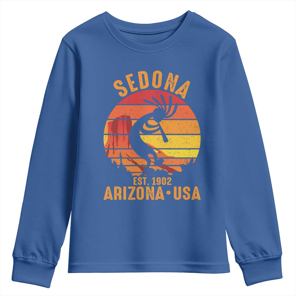 Retro Sedona Arizona Dancing Kokopelli Youth Sweatshirt Southwest Native Symbol Desert Heritage Established 1902