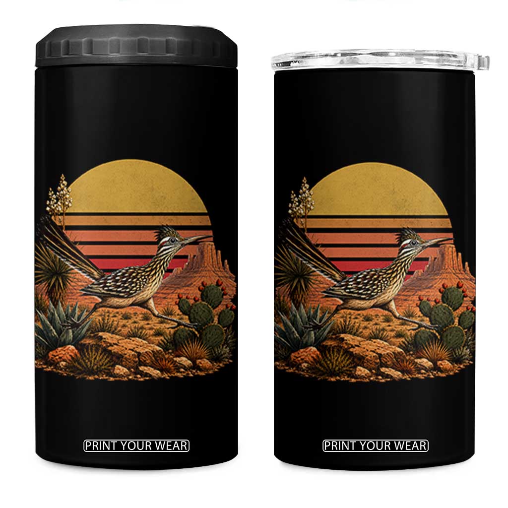 Retro Arizona Roadrunner Desert Sunset 4 in 1 Can Cooler Tumbler Southwest Bird Wildlife Nature Lover