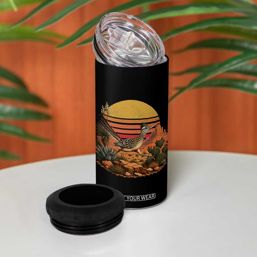 Retro Arizona Roadrunner Desert Sunset 4 in 1 Can Cooler Tumbler Southwest Bird Wildlife Nature Lover