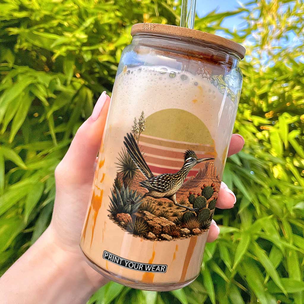 Retro Arizona Roadrunner Desert Sunset Glass Can Southwest Bird Wildlife Nature Lover