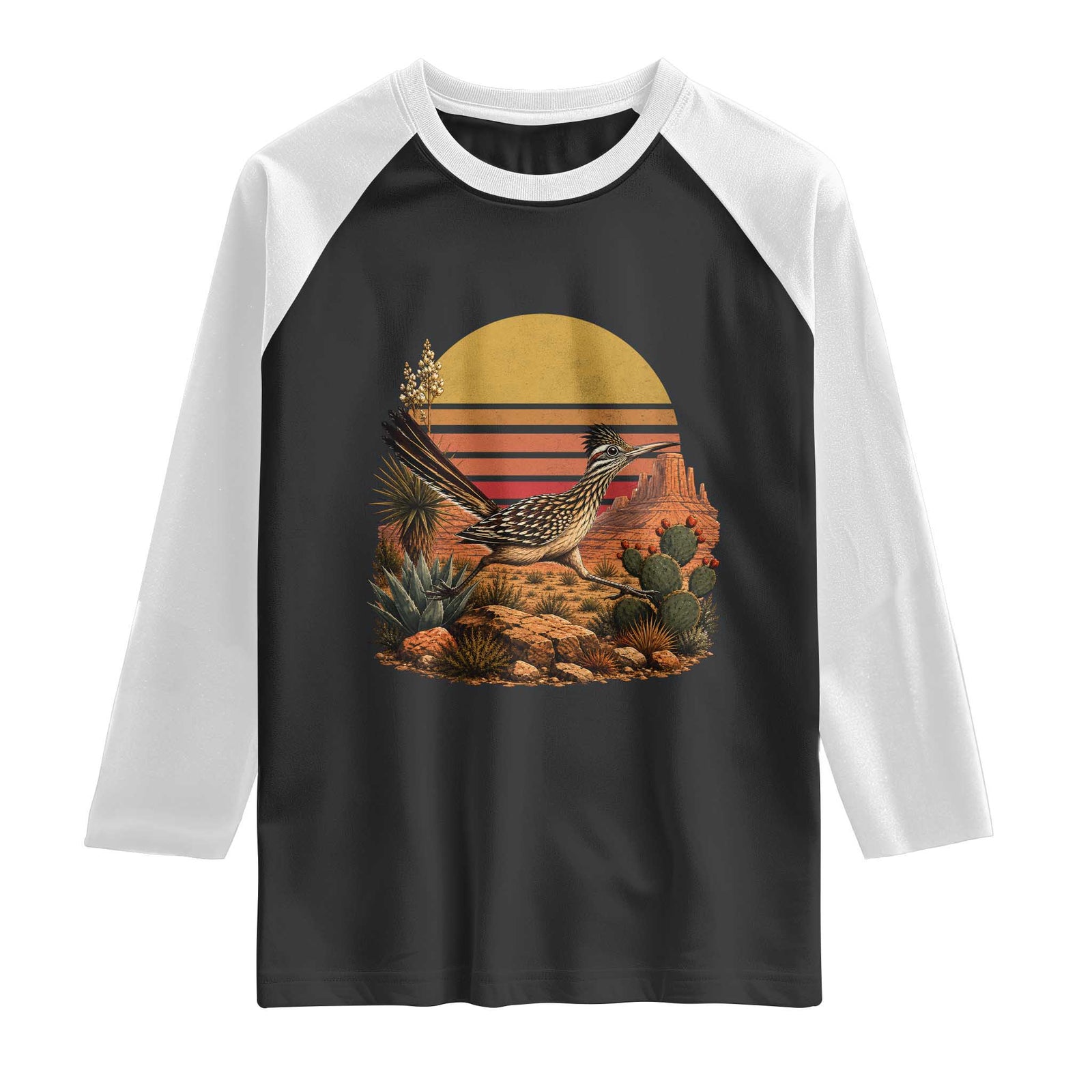 Retro Arizona Roadrunner Desert Sunset Raglan Shirt Southwest Bird Wildlife Nature Lover TS14 Black White Print Your Wear