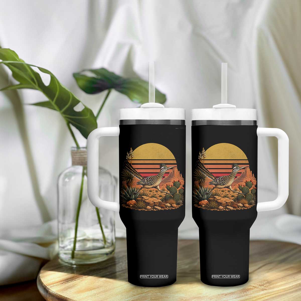 Retro Arizona Roadrunner Desert Sunset Tumbler With Handle Southwest Bird Wildlife Nature Lover