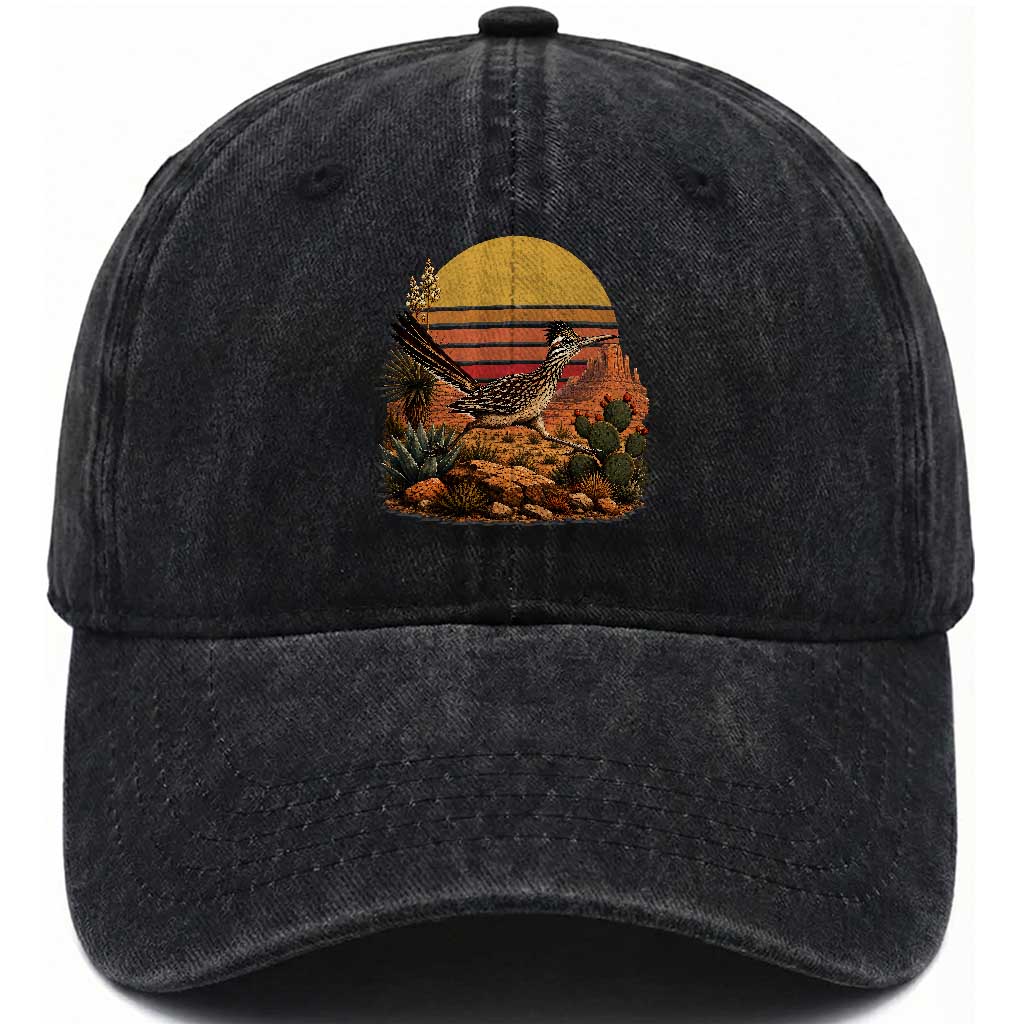 Retro Arizona Roadrunner Desert Sunset Washed Cotton Baseball Cap Southwest Bird Wildlife Nature Lover TS14 Print Your Wear
