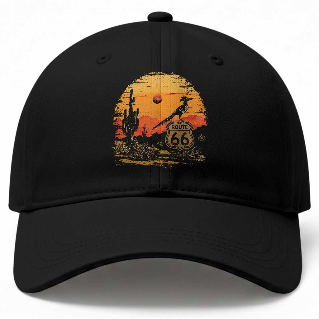 Route Highway 66 Roadrunner Desert Sunset Arizona Baseball Cap Cactus Landscape Texas Nevada Southwest Bird Lover TS14 Print Your Wear
