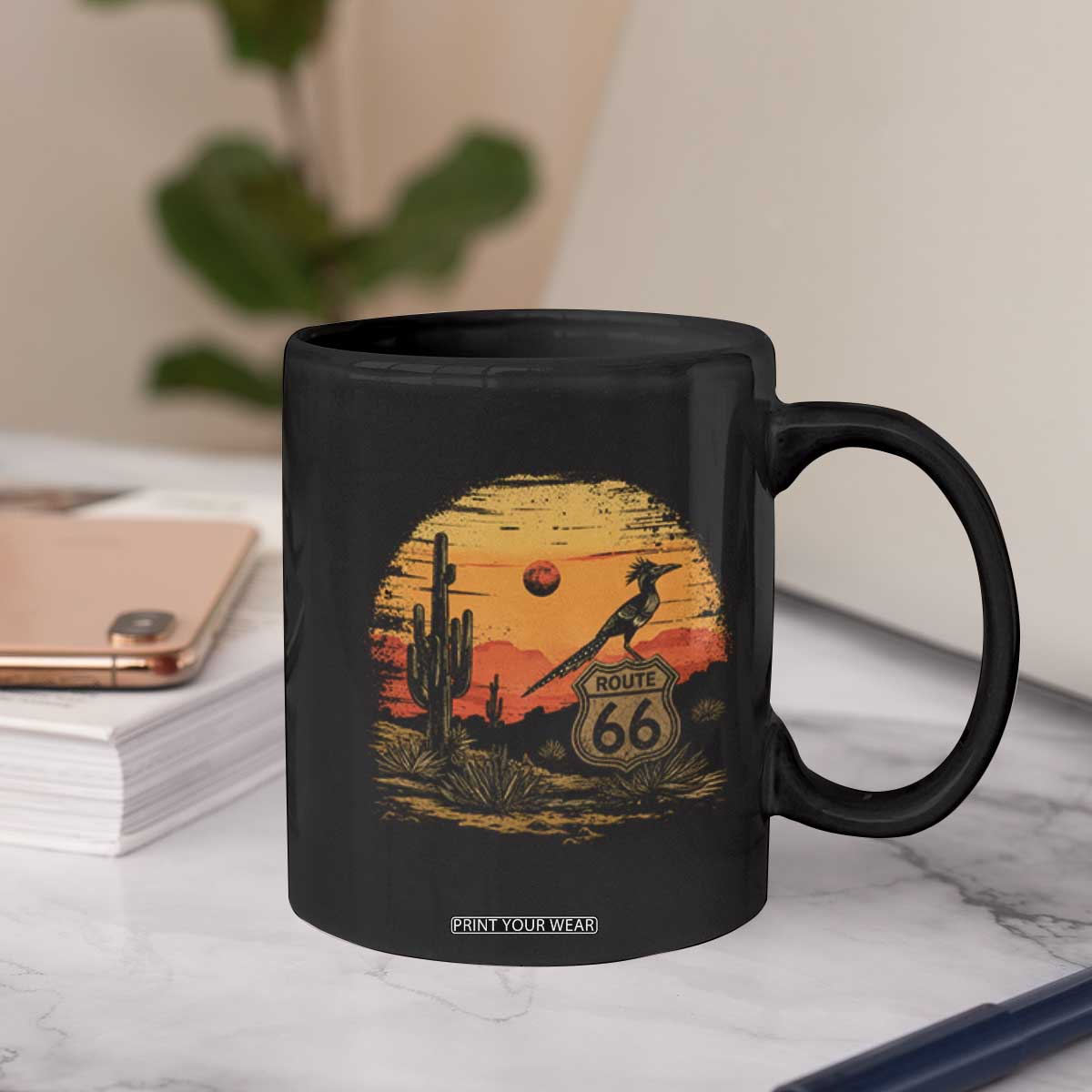 Route Highway 66 Roadrunner Desert Sunset Arizona Coffee Mug Cactus Landscape Texas Nevada Southwest Bird Lover