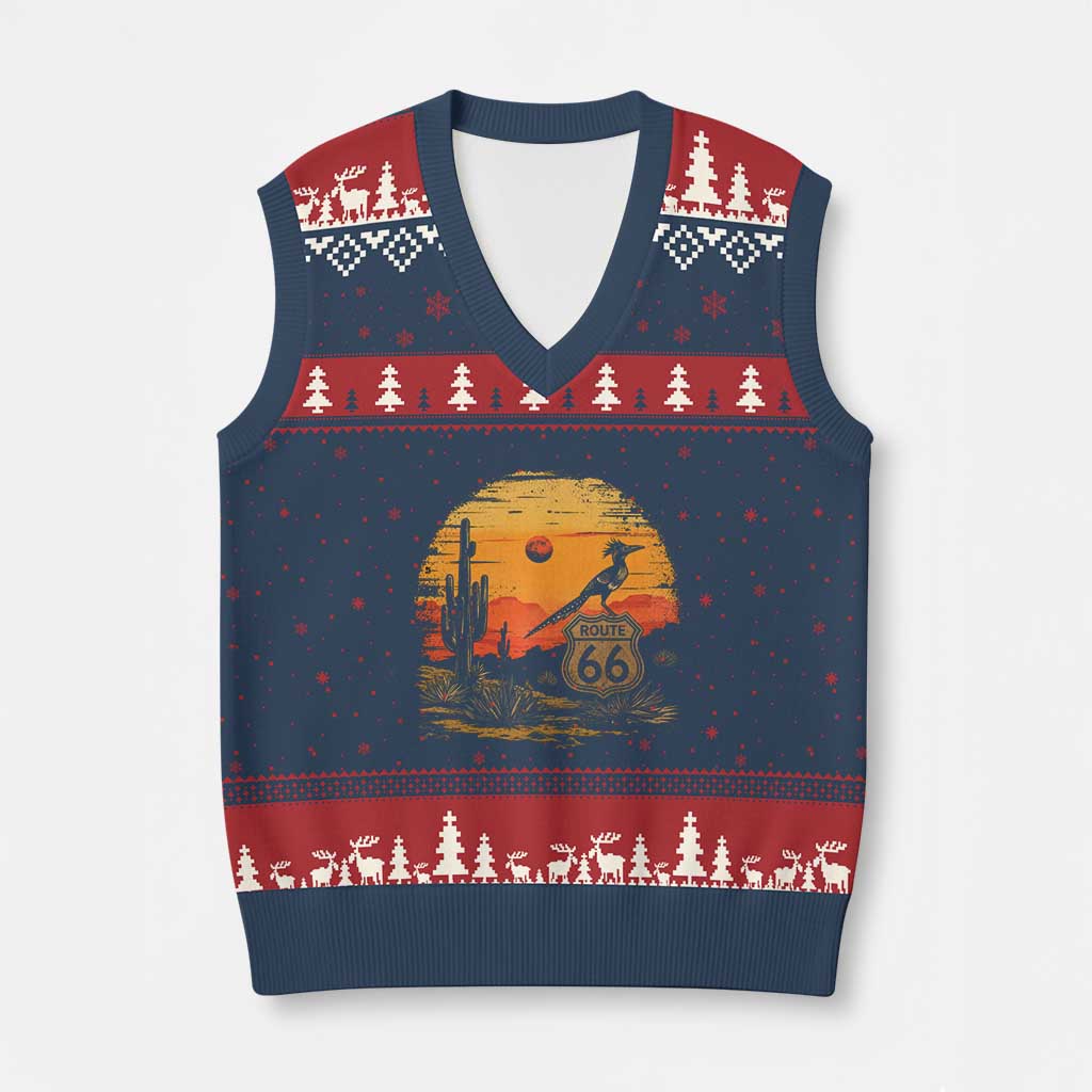 Route Highway 66 Roadrunner Desert Sunset Arizona V-Neck Knit Sweater Vest Cactus Landscape Texas Nevada Southwest Bird Lover TS14 Navy Red Print Your Wear