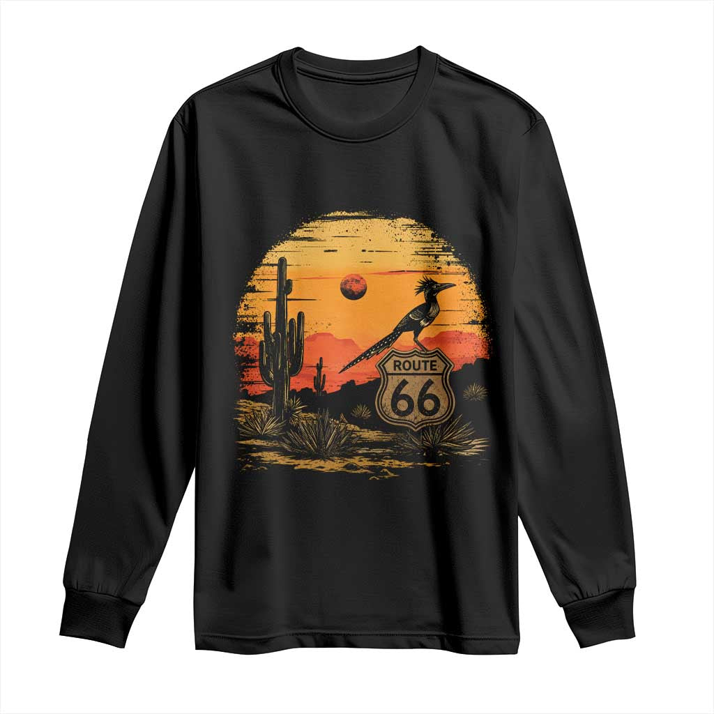 Route Highway 66 Roadrunner Desert Sunset Arizona Long Sleeve Shirt Cactus Landscape Texas Nevada Southwest Bird Lover TS14 Black Print Your Wear