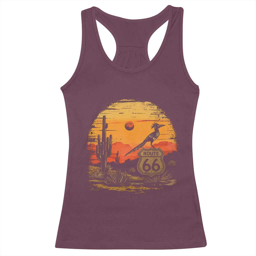 Route Highway 66 Roadrunner Desert Sunset Arizona Racerback Tank Top Cactus Landscape Texas Nevada Southwest Bird Lover