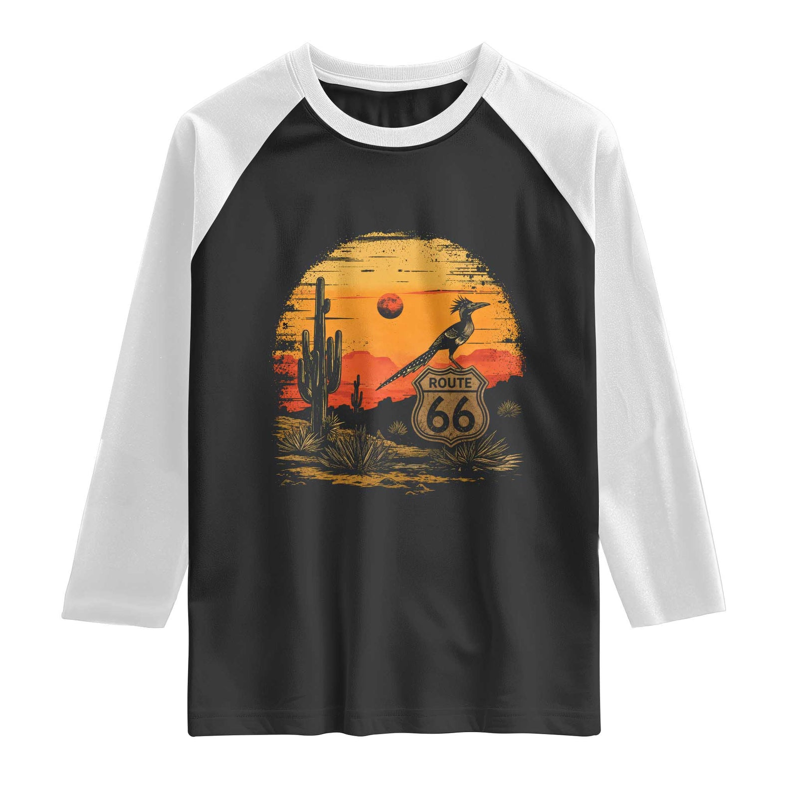 Route Highway 66 Roadrunner Desert Sunset Arizona Raglan Shirt Cactus Landscape Texas Nevada Southwest Bird Lover TS14 Black White Print Your Wear