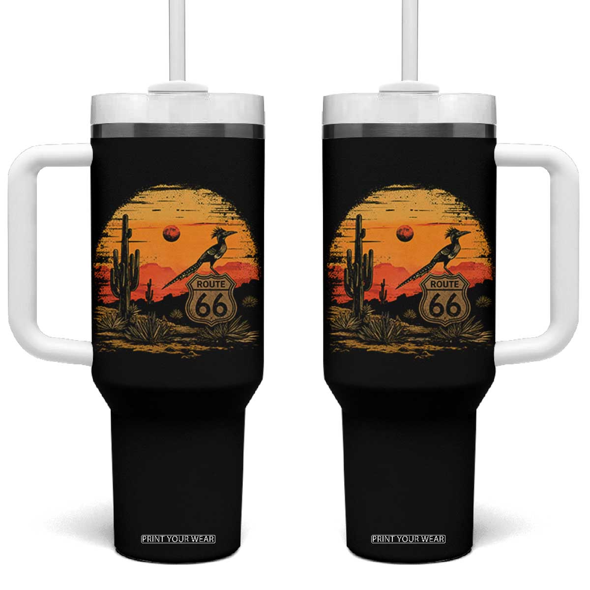Route Highway 66 Roadrunner Desert Sunset Arizona Tumbler With Handle Cactus Landscape Texas Nevada Southwest Bird Lover