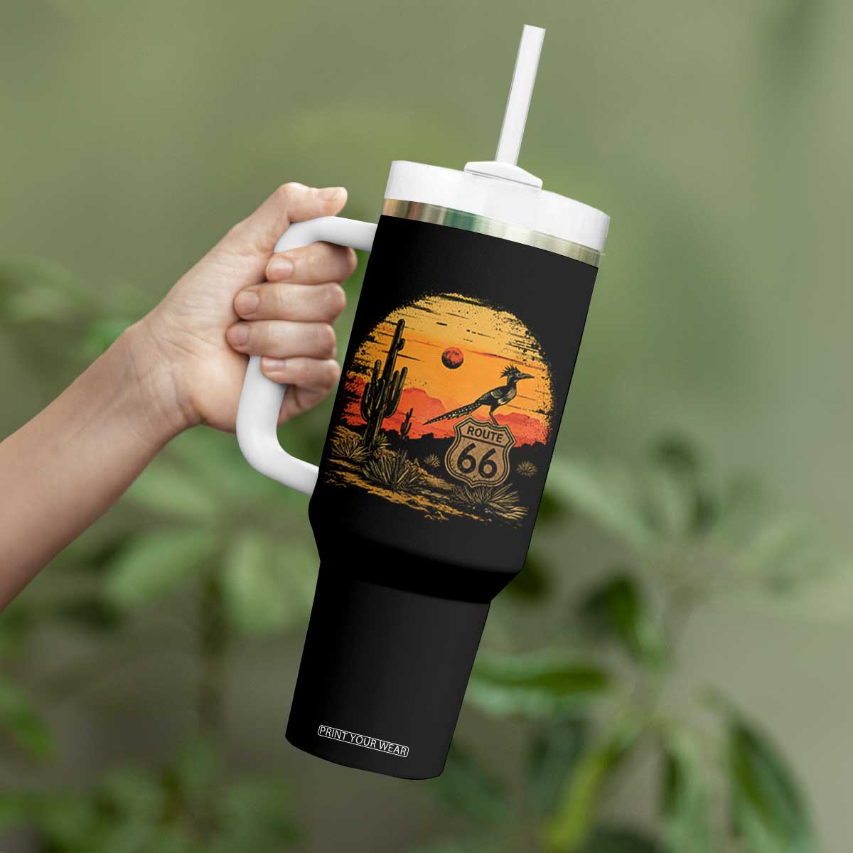 Route Highway 66 Roadrunner Desert Sunset Arizona Tumbler With Handle Cactus Landscape Texas Nevada Southwest Bird Lover