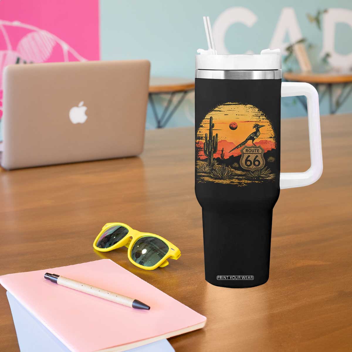 Route Highway 66 Roadrunner Desert Sunset Arizona Tumbler With Handle Cactus Landscape Texas Nevada Southwest Bird Lover