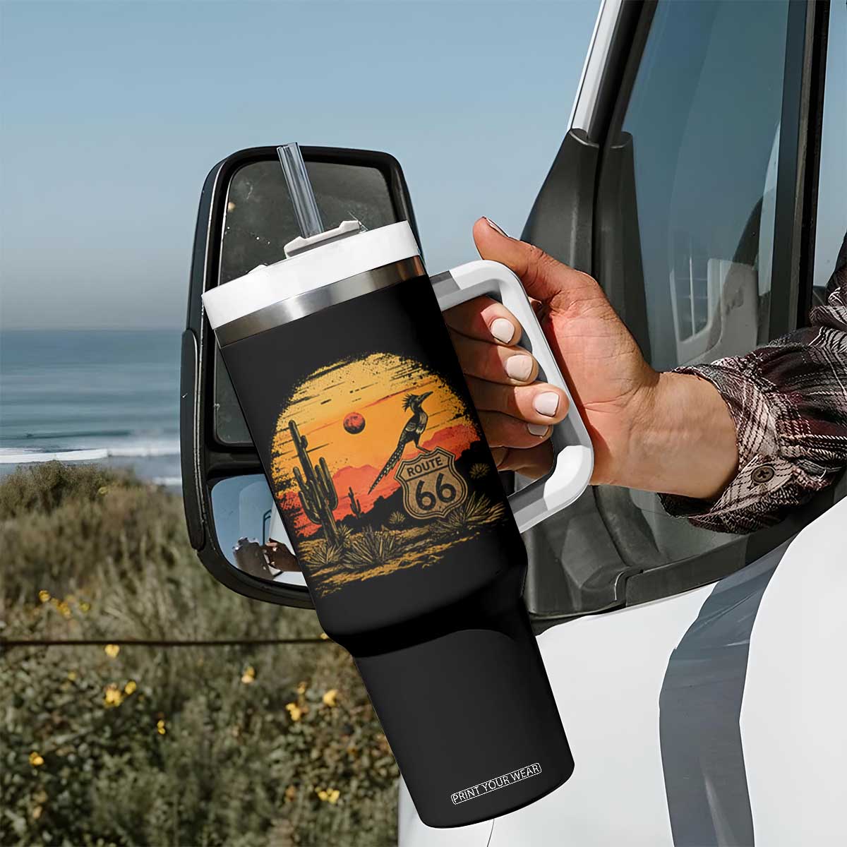 Route Highway 66 Roadrunner Desert Sunset Arizona Tumbler With Handle Cactus Landscape Texas Nevada Southwest Bird Lover