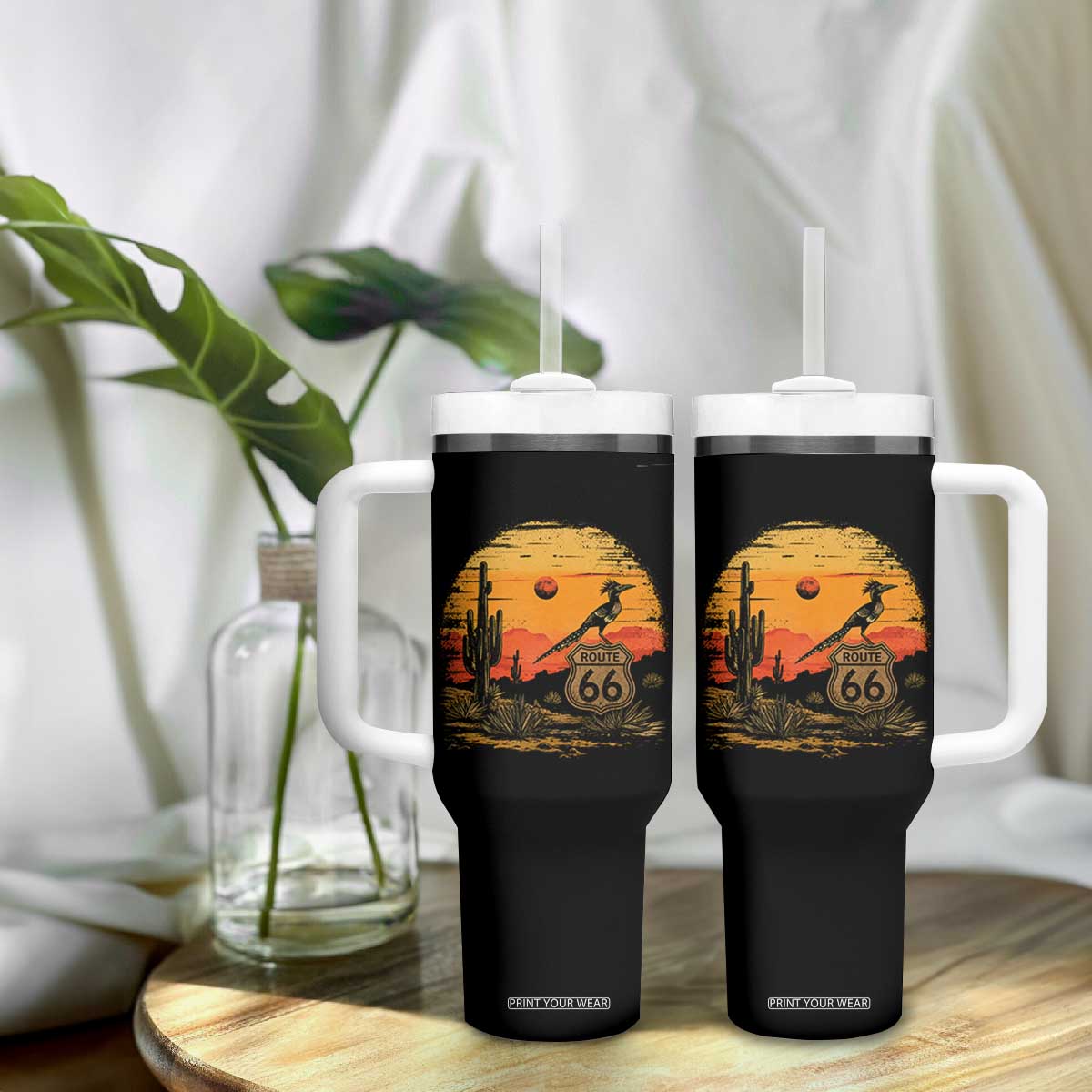 Route Highway 66 Roadrunner Desert Sunset Arizona Tumbler With Handle Cactus Landscape Texas Nevada Southwest Bird Lover