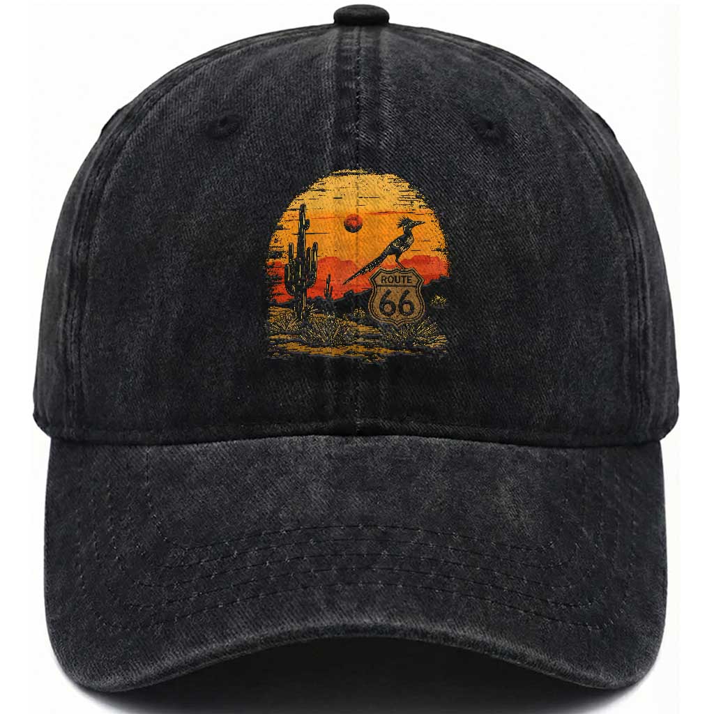 Route Highway 66 Roadrunner Desert Sunset Arizona Washed Cotton Baseball Cap Cactus Landscape Texas Nevada Southwest Bird Lover TS14 Print Your Wear