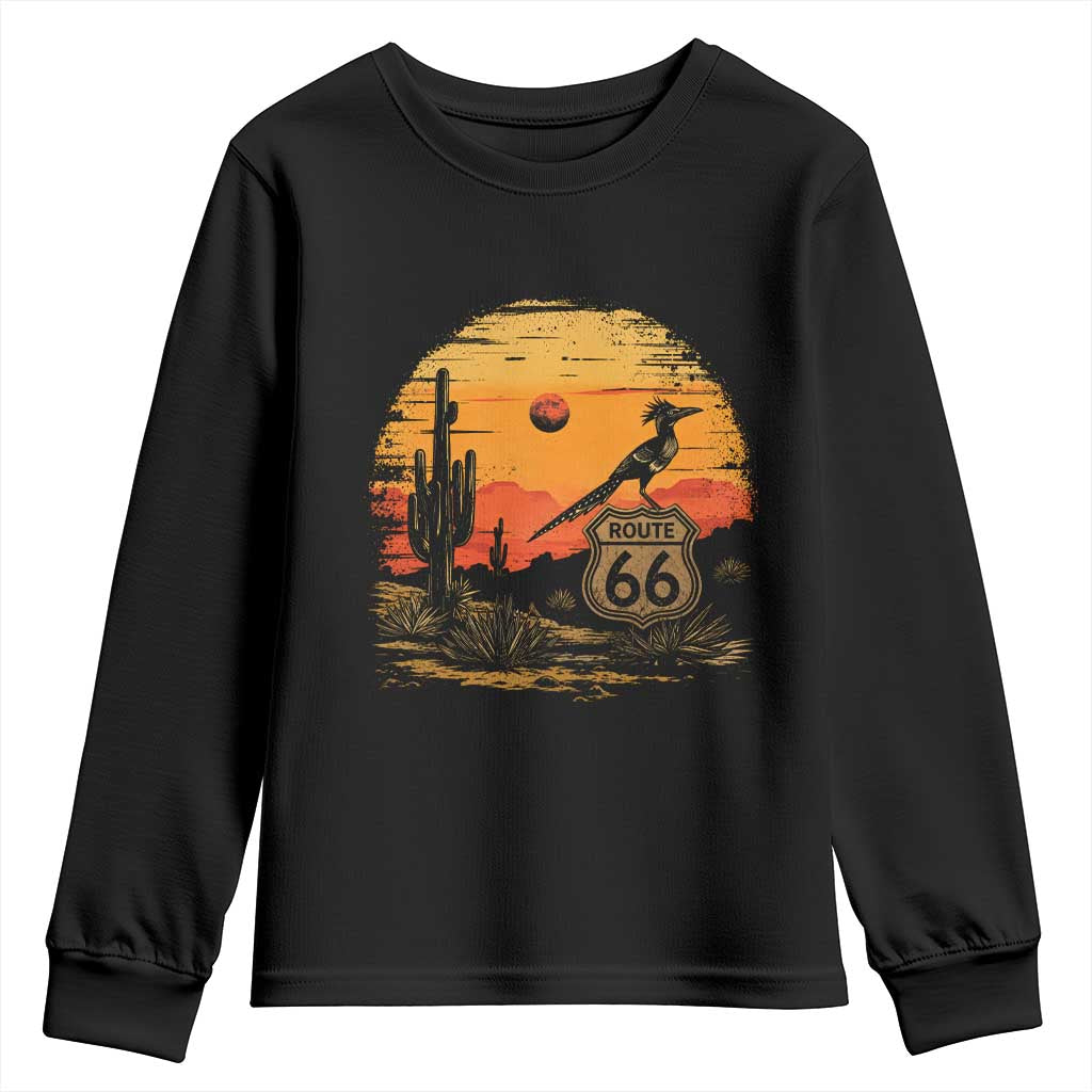 Route Highway 66 Roadrunner Desert Sunset Arizona Youth Sweatshirt Cactus Landscape Texas Nevada Southwest Bird Lover TS14 Black Print Your Wear