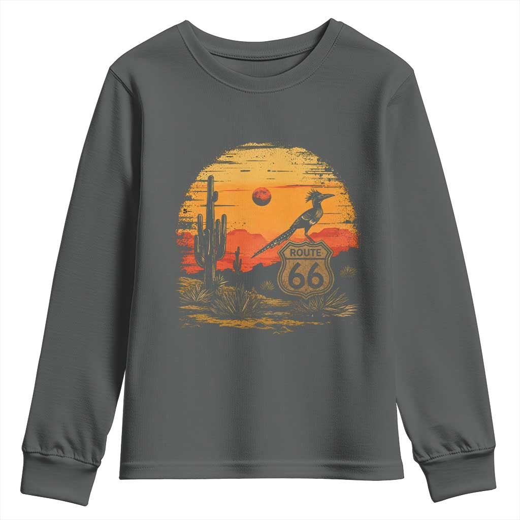 Route Highway 66 Roadrunner Desert Sunset Arizona Youth Sweatshirt Cactus Landscape Texas Nevada Southwest Bird Lover