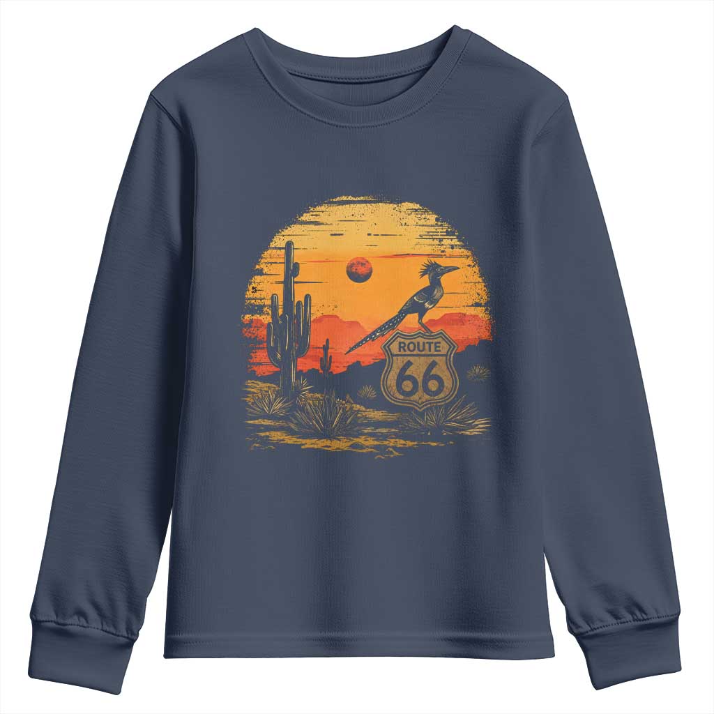Route Highway 66 Roadrunner Desert Sunset Arizona Youth Sweatshirt Cactus Landscape Texas Nevada Southwest Bird Lover