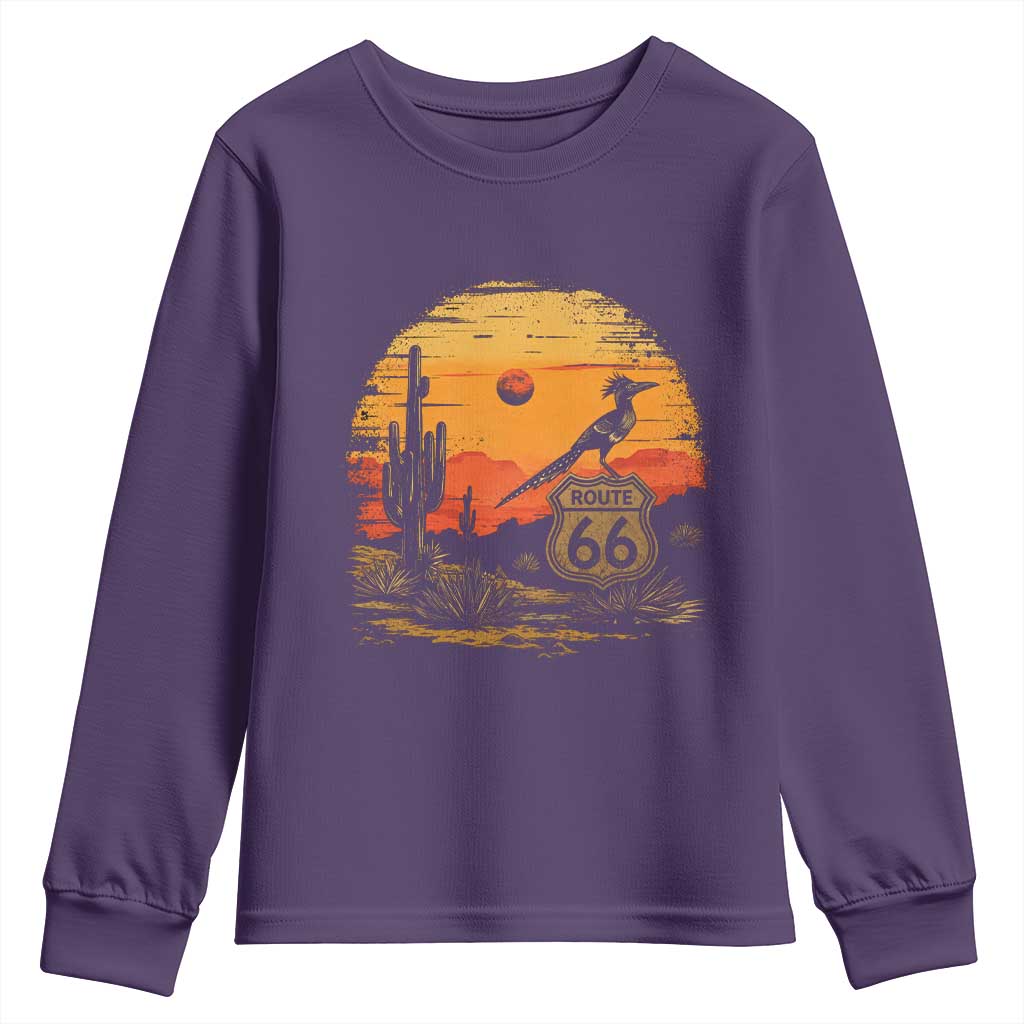 Route Highway 66 Roadrunner Desert Sunset Arizona Youth Sweatshirt Cactus Landscape Texas Nevada Southwest Bird Lover
