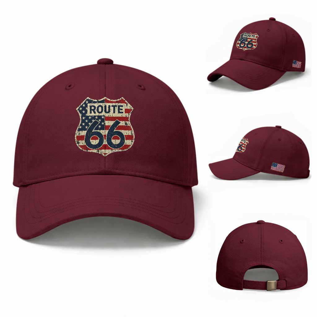 Route US 66 American Flag Americana Road Trip Baseball Cap