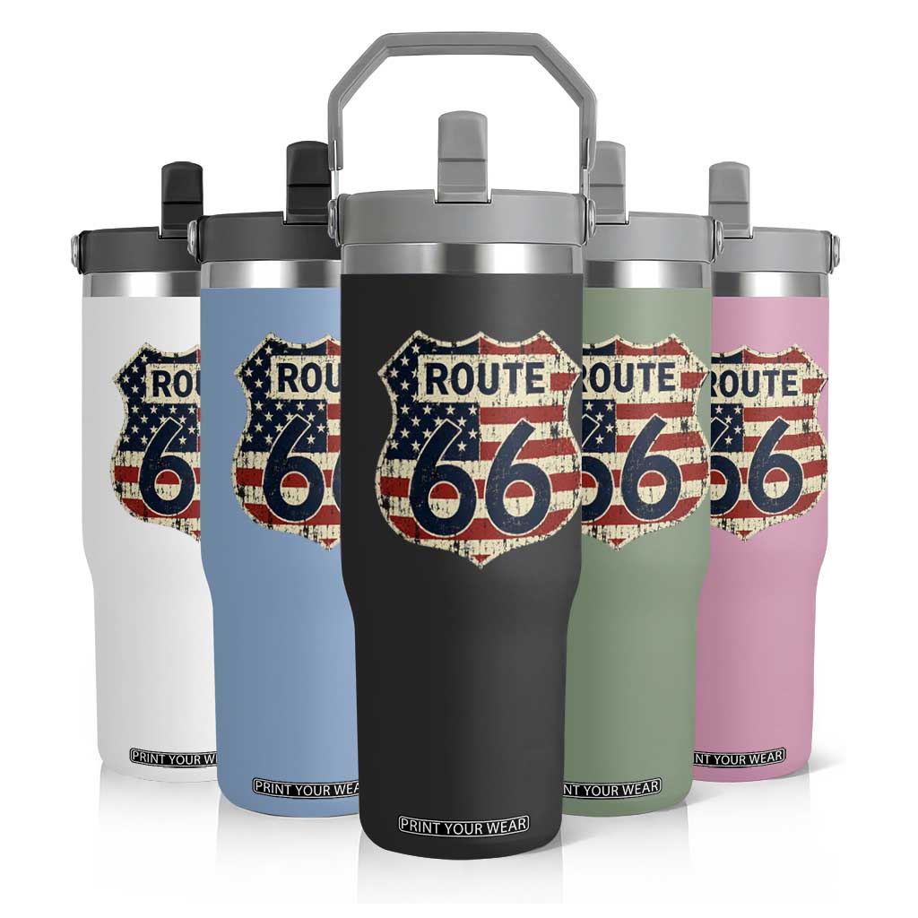 Route US 66 American Flag Americana Road Trip Flip Straw Tumbler