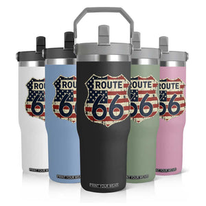 Route US 66 American Flag Americana Road Trip Flip Straw Tumbler