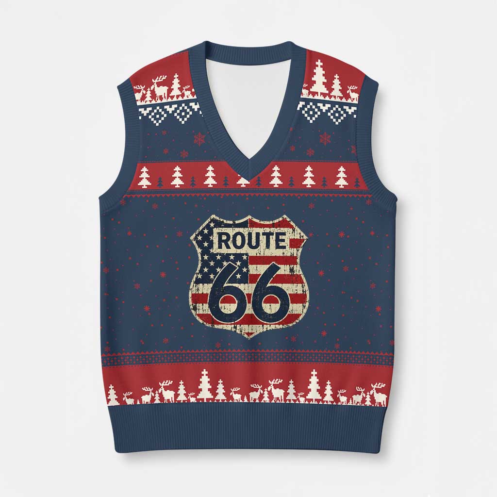Route US 66 American Flag Americana Road Trip V-Neck Knit Sweater Vest TS14 Navy Red Print Your Wear