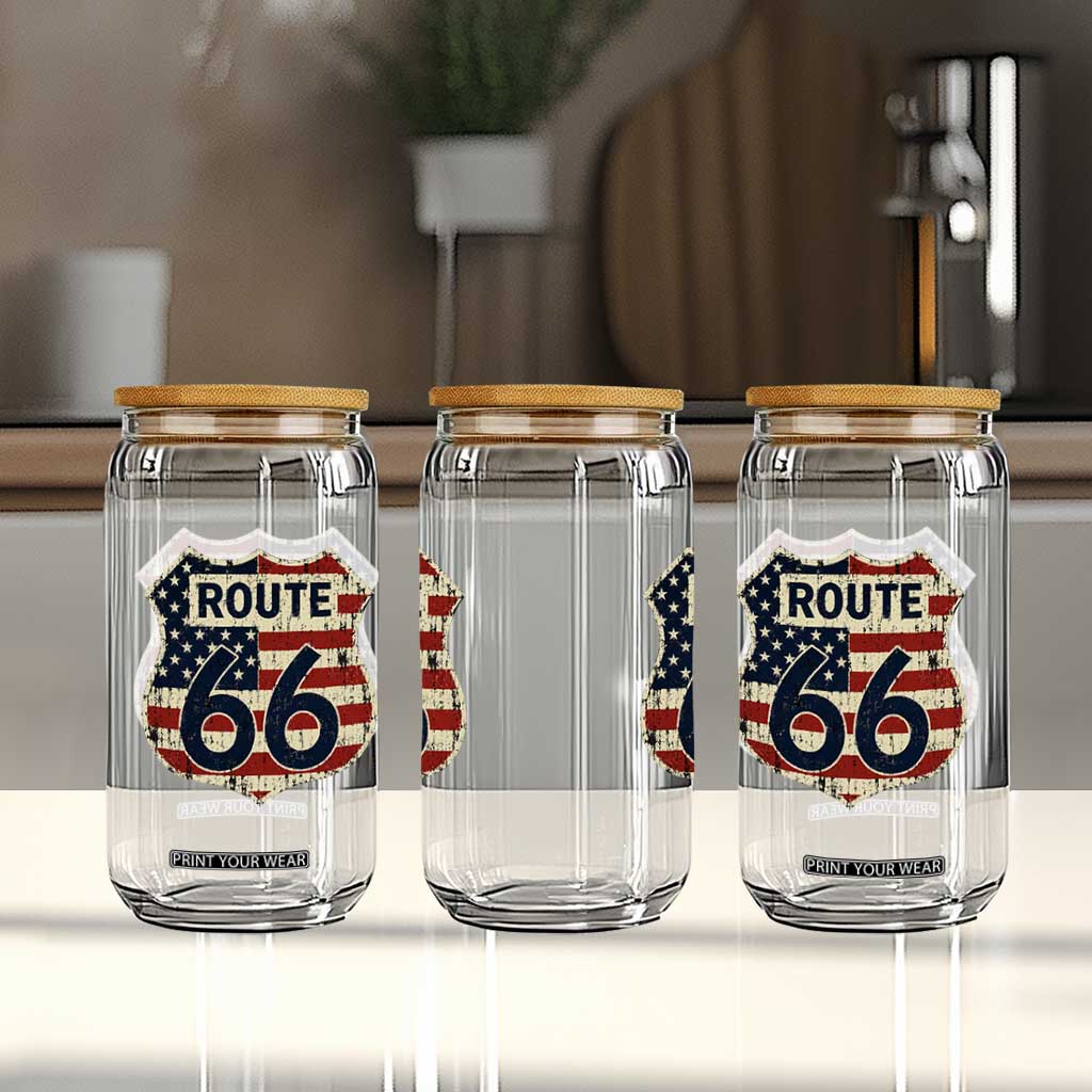 Route US 66 American Flag Americana Road Trip Glass Can
