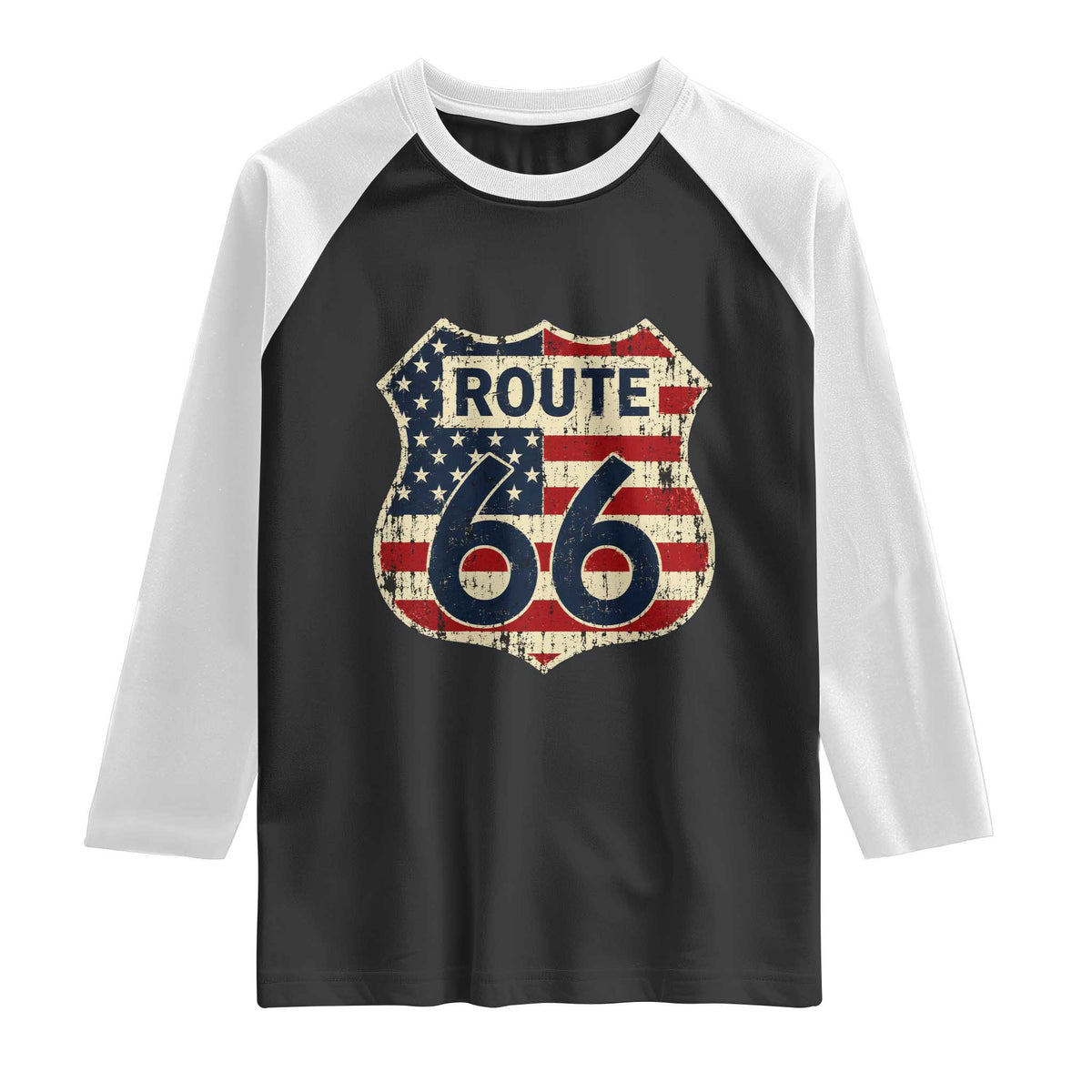 Route US 66 American Flag Americana Road Trip Raglan Shirt