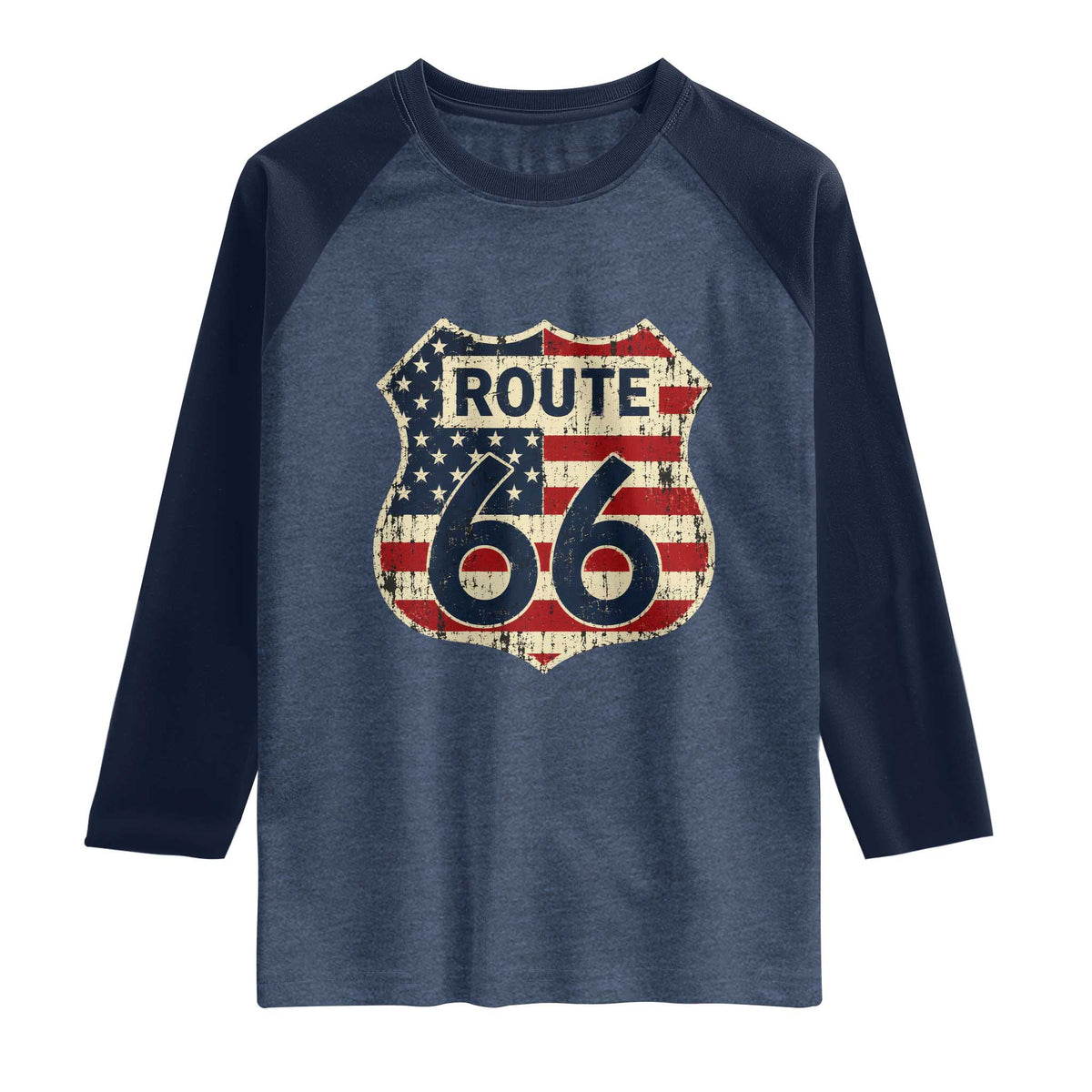 Route US 66 American Flag Americana Road Trip Raglan Shirt