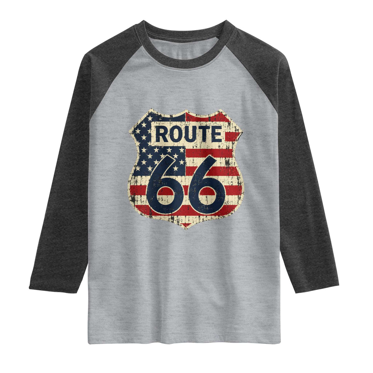 Route US 66 American Flag Americana Road Trip Raglan Shirt