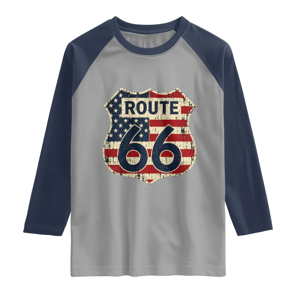 Route US 66 American Flag Americana Road Trip Raglan Shirt