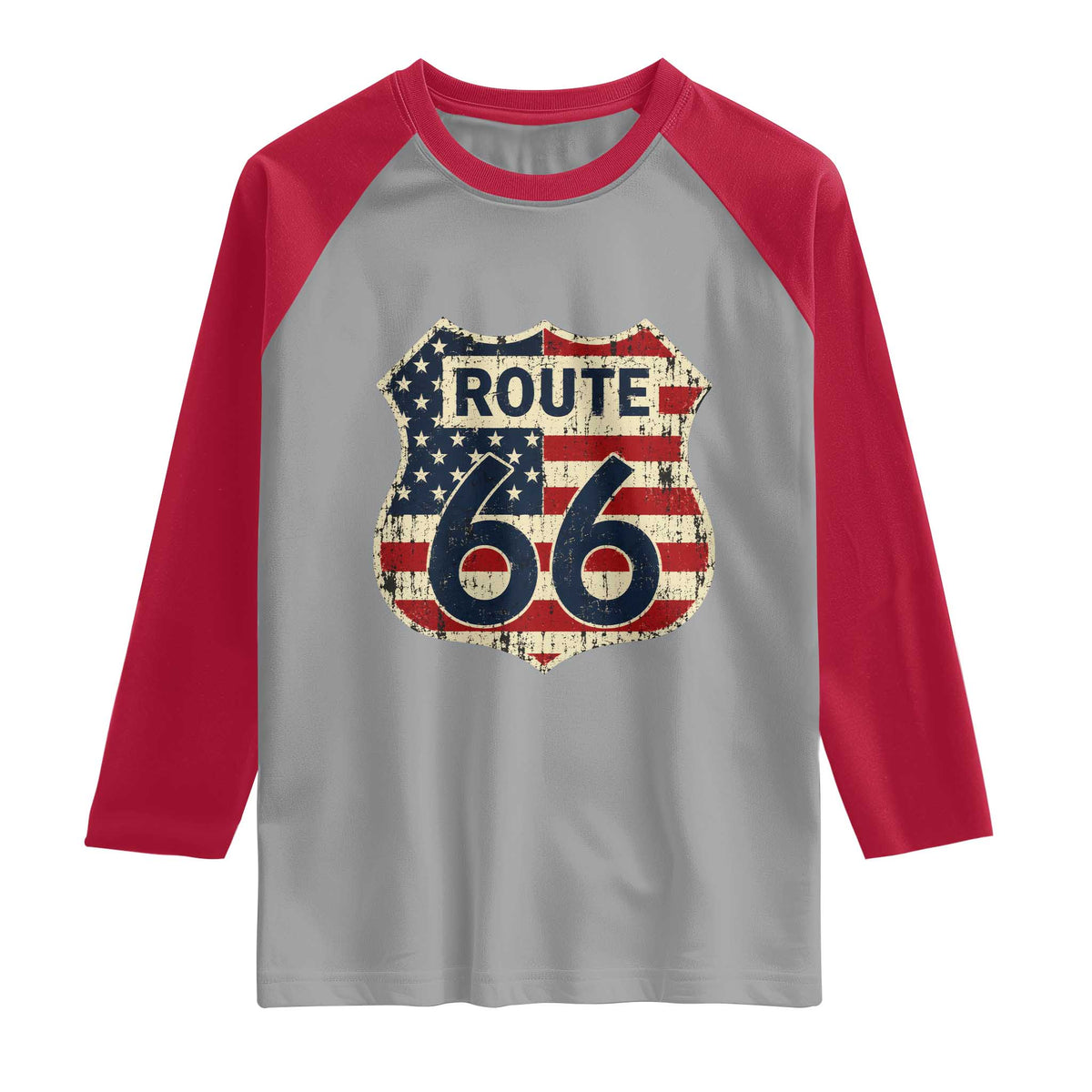 Route US 66 American Flag Americana Road Trip Raglan Shirt