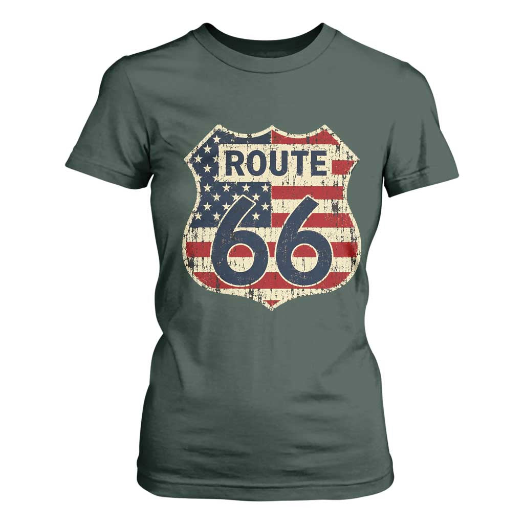Route US 66 American Flag Americana Road Trip T Shirt For Women
