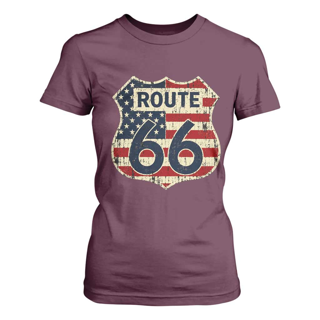 Route US 66 American Flag Americana Road Trip T Shirt For Women