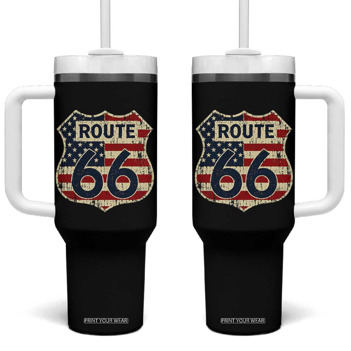 Route US 66 American Flag Americana Road Trip Tumbler With Handle