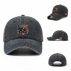 Route US 66 American Flag Americana Road Trip Washed Cotton Baseball Cap