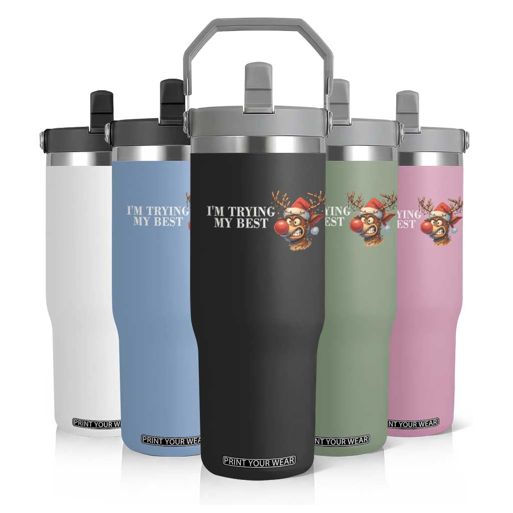 Funny Reindeer Christmas Meme Flip Straw Tumbler I Am Trying My Best TS14 Print Your Wear