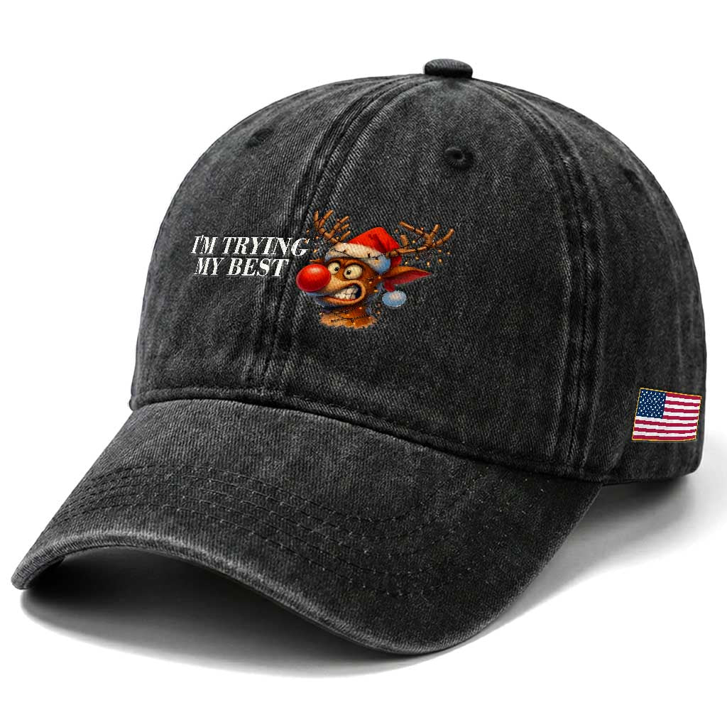 Funny Reindeer Christmas Meme Washed Cotton Baseball Cap I Am Trying My Best TS14 Print Your Wear
