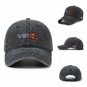 Funny Reindeer Christmas Meme Washed Cotton Baseball Cap I Am Trying My Best TS14 Washed Cap Universal Fit Dark Gray Print Your Wear