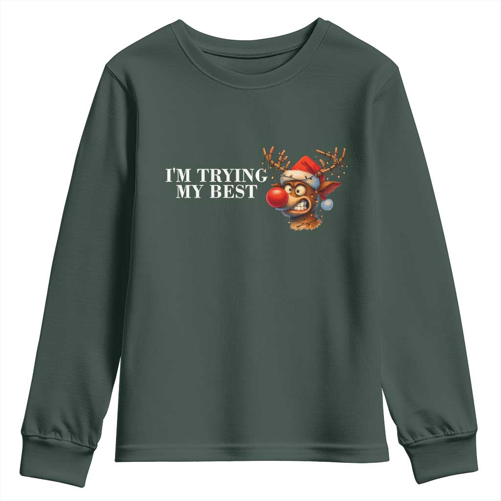 Funny Reindeer Christmas Meme Youth Sweatshirt I Am Trying My Best TS14 Dark Forest Green Print Your Wear