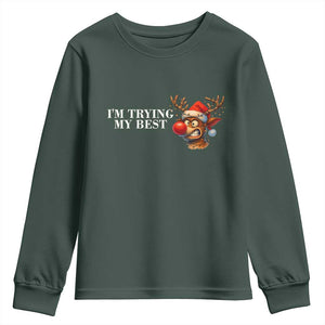 Funny Reindeer Christmas Meme Youth Sweatshirt I Am Trying My Best TS14 Dark Forest Green Print Your Wear
