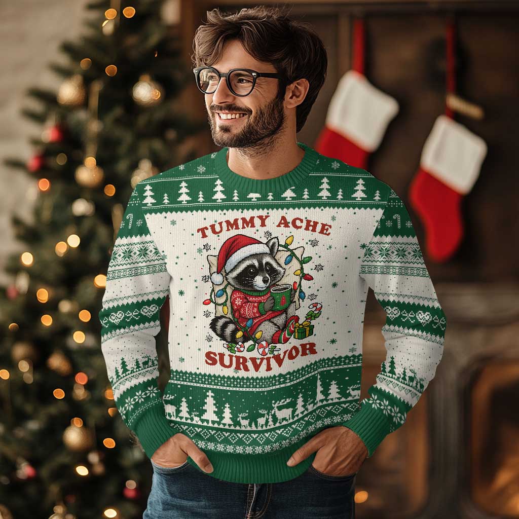 Funny Racoon Xmas Meme Ugly Christmas Sweater Tummy Ache Survivor TS14 Beige Green Print Your Wear