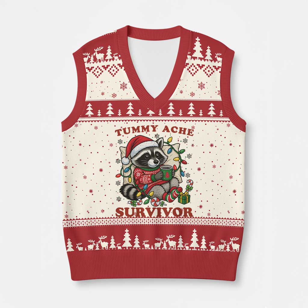 Funny Racoon Xmas Meme V-Neck Knit Sweater Vest Tummy Ache Survivor TS14 Beige Red Print Your Wear