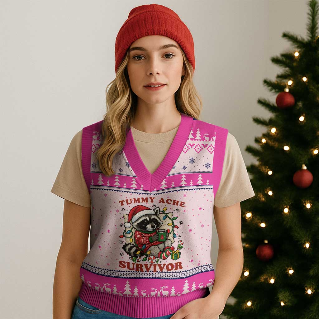 Funny Racoon Xmas Meme V-Neck Knit Sweater Vest Tummy Ache Survivor TS14 Hot Pink Print Your Wear
