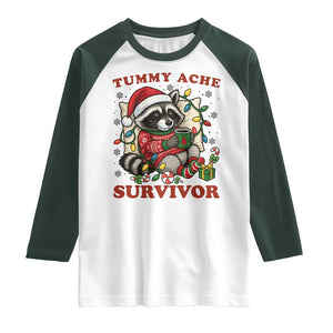 Funny Racoon Christmas Meme Raglan Shirt Tummy Ache Survivor TS14 White Dark Forest Green Print Your Wear